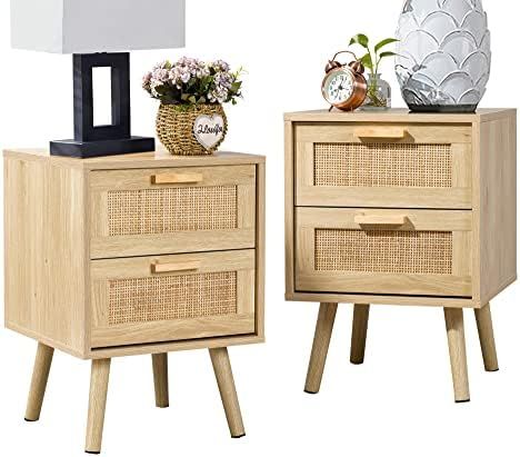 Amazon.com: Finnhomy Nightstand, End Table, Side Table with 2 Hand Made Rattan Decorated Drawers,... | Amazon (US)
