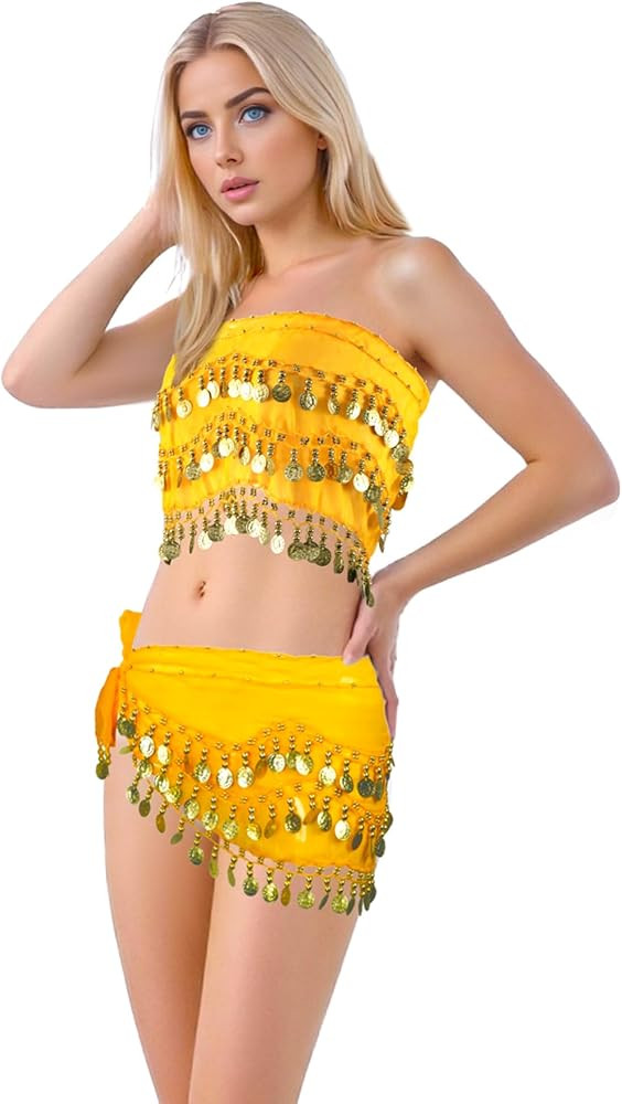 Baisdan Belly Dance Hip Scarf 2 Piece, Belly Dance Skirt and Top Set, Dancing Coin Skirts for Wom... | Amazon (US)