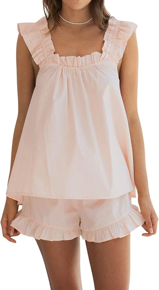 Xfileen Womens Summer 2 Piece Set Fashion Ruffle Trim Cami and Casual Shorts Set Cotton Pajama Sets  | Amazon (US)