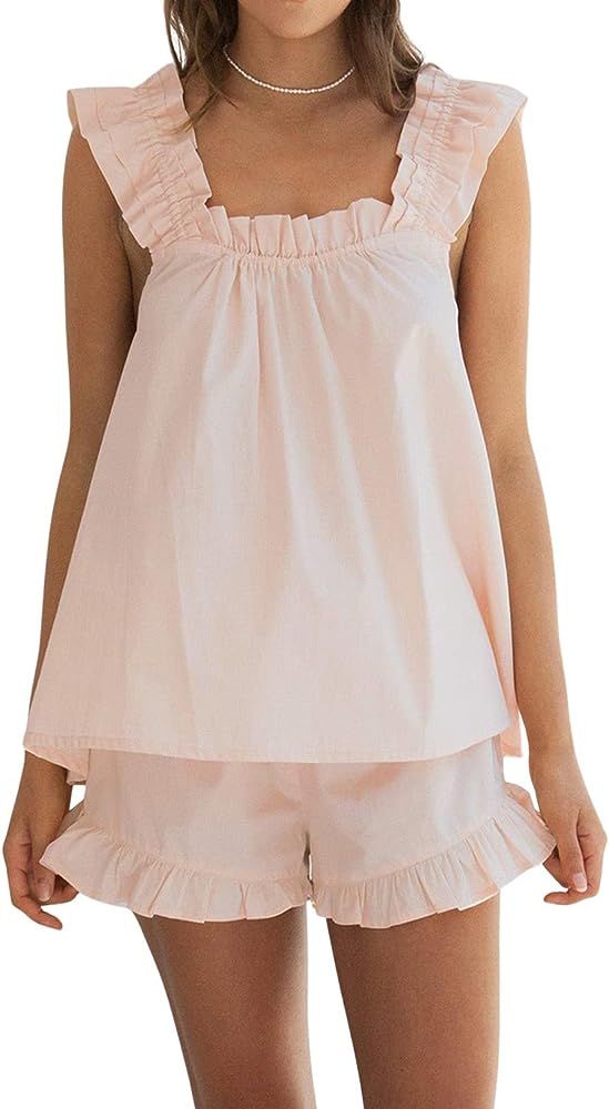 Xfileen Womens Summer 2 Piece Set Fashion Ruffle Trim Cami and Casual Shorts Set Cotton Pajama Sets  | Amazon (US)