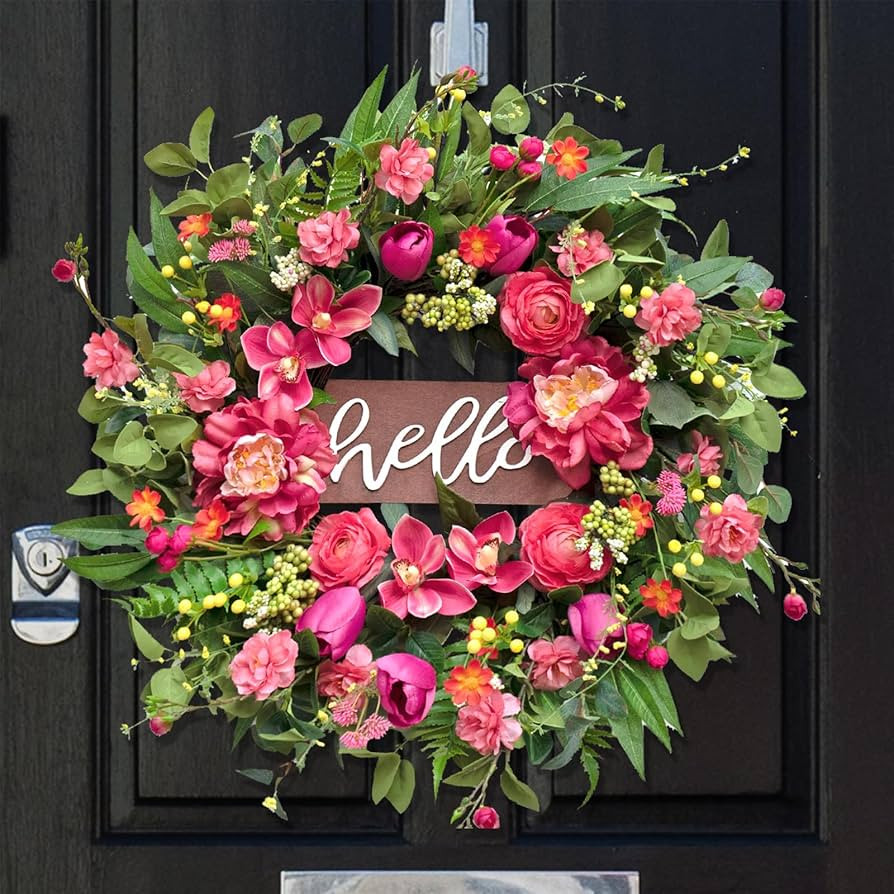 Spring Wreaths for Front Door 24 Inch with Hello Sign,Artificial Summer Wreath with Pink Peony an... | Amazon (US)
