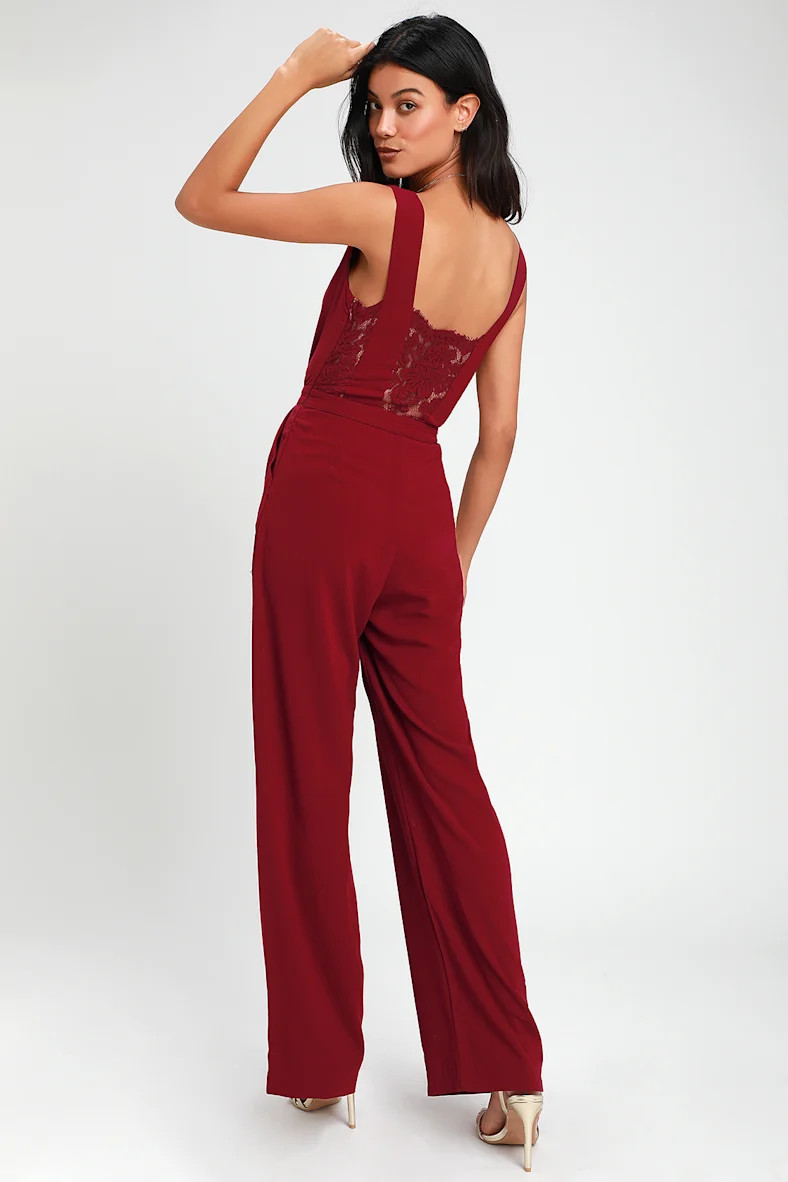 Kiska Burgundy Lace Wide-Leg Jumpsuit | Lulus (US)