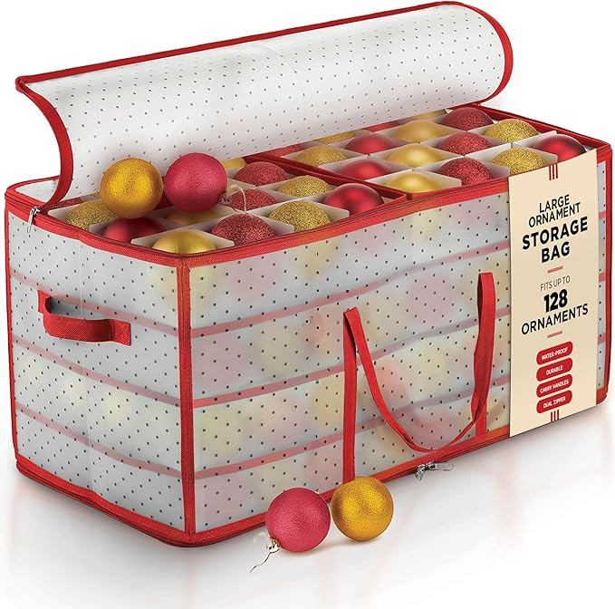 Plastic Large Christmas Ornament Storage Box with Adjustable Dividers, Organizer Holds 128 Large ... | Amazon (US)
