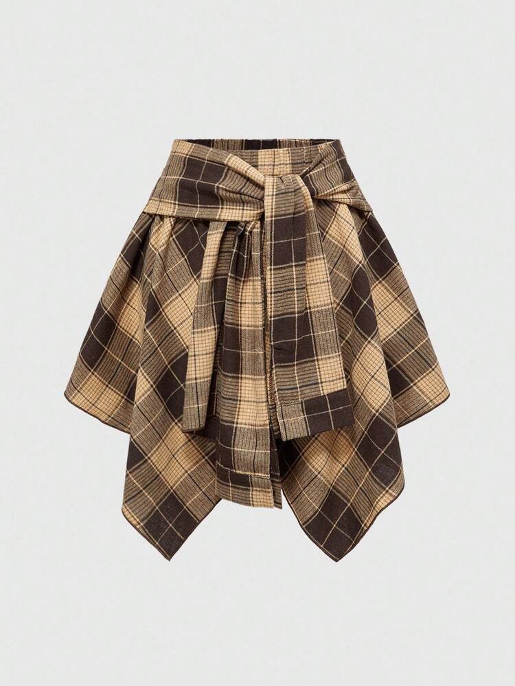 ROMWE Grunge Punk Fall Women Kpop Clothes Back To School Grunge Vintage Distressed Plaid Lace-Up Asymmetric Layered Skirt | SHEIN