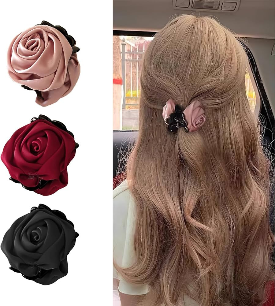 3 Pcs Satin Rose Hair Claw Clip Retro Rose Flower Jaw Clip Small Ponytail Claw Clips Fashion Nons... | Amazon (US)