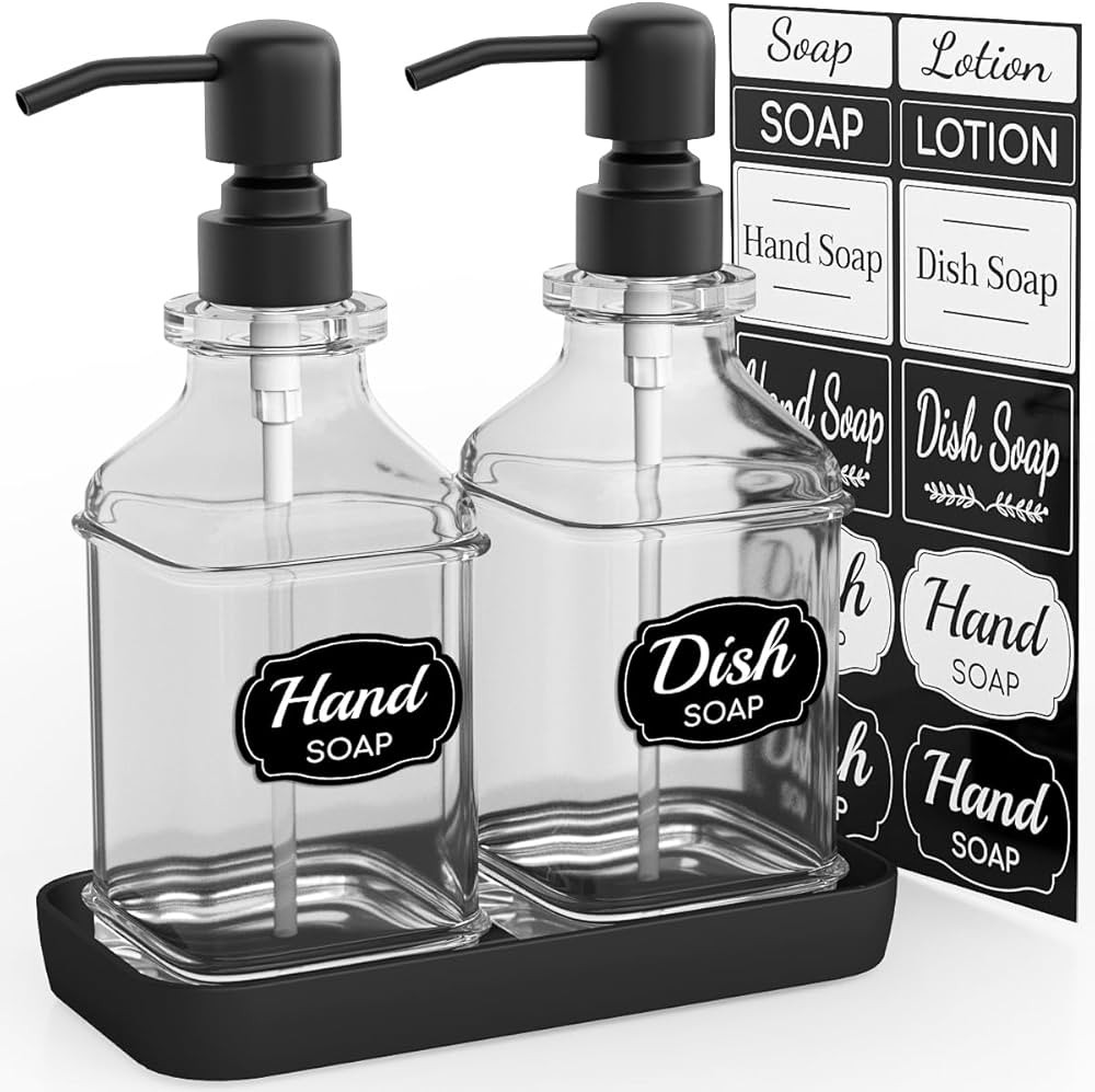 Soap Dispenser - 2 Pack, Antique Design Thick Glass Hand Soap Dispensers with Sturdy Tray; 304 Ru... | Amazon (US)