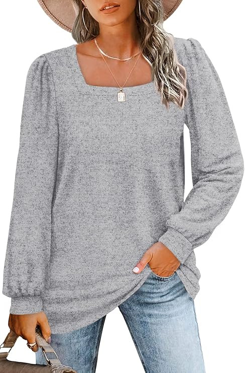 WIHOLL Tunic Tops for Women Loose Fit Long Sleeve Shirts Square Neck Tops | Amazon (US)