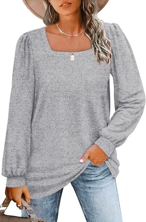 WIHOLL Tunic Tops for Women Loose Fit Long Sleeve Shirts Square Neck Tops | Amazon (US)