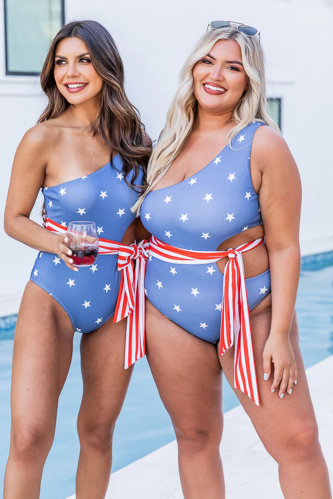 Simple Oasis Ribbed One Shoulder Stars/Stripes One Piece Swimsuit | Pink Lily