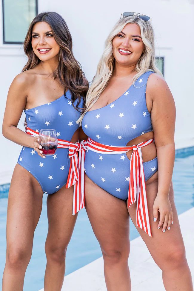 Simple Oasis Ribbed One Shoulder Stars/Stripes One Piece Swimsuit | Pink Lily