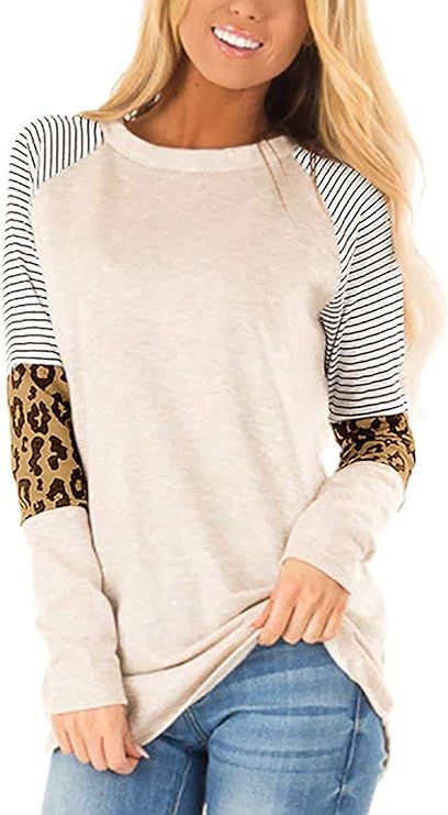 Aifer Women's Leopard Print Color Block Tunics Casual Long Sleeve Shirts Striped Blouse Tops | Amazon (US)