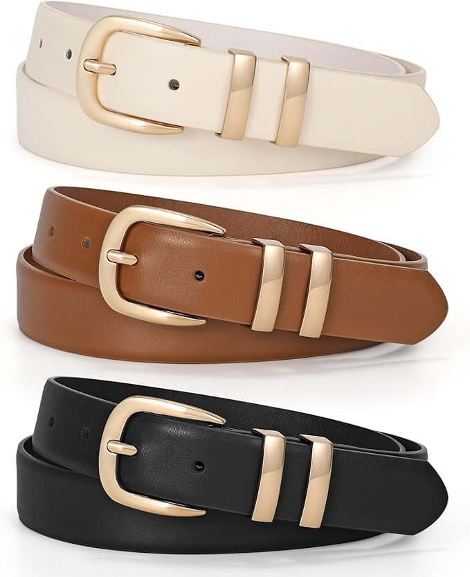 LEACOOLKEY 3 Pack Women Leather Belts for Jeans Gold Buckle Fashion Ladies Leather Belt for Dress... | Amazon (US)