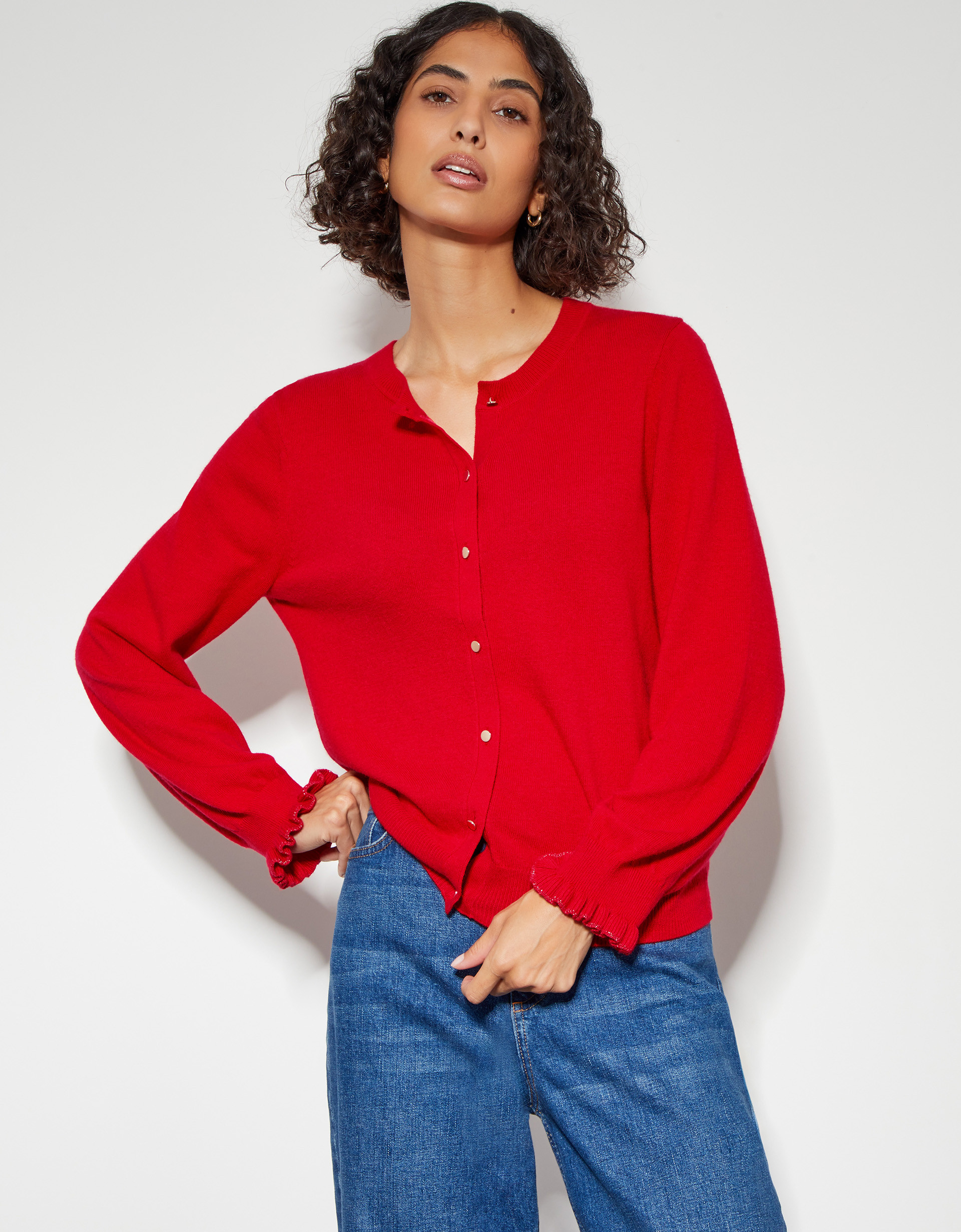 Cora Frill Crew Neck Cardigan Red | Monsoon (UK)
