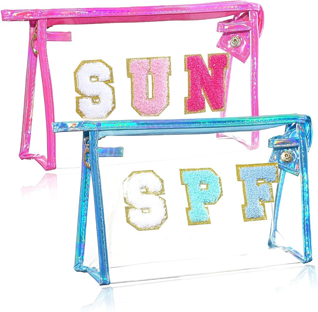 2PCS SUN Bag Chenille Letter SPF Makeup Bag for Beach, Clear Pouch with Zipper, Preppy Travel Bag... | Amazon (US)