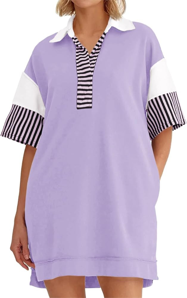 Wenrine Women's Polo V Neck T Shirt Dress Casual Summer Oversized Color Block Short Sleeve Sweats... | Amazon (US)