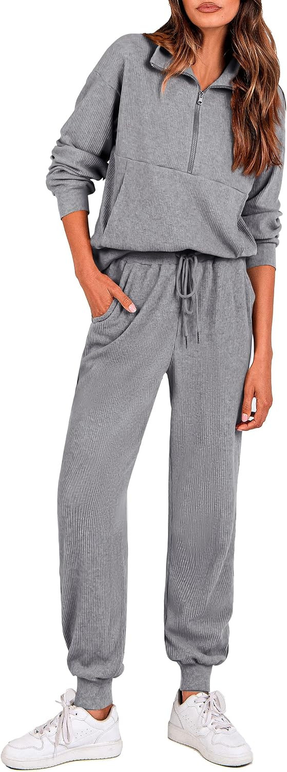 PRETTYGARDEN Airport Travel Outfit Women Ribbed Knit Matching Lounge Sets | Amazon (US)