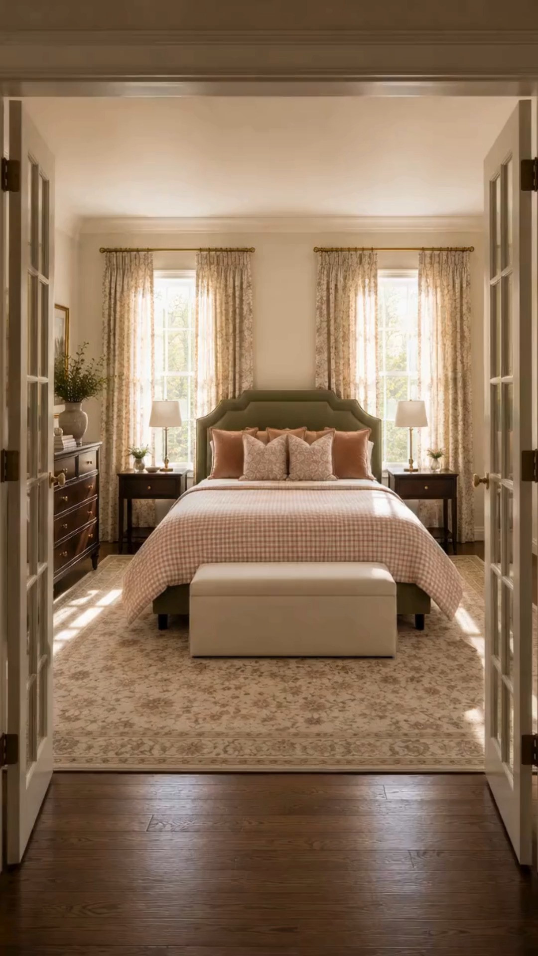 A warm romantic cottage bedroom designed with soft floral patterns, layered neutral textures, rich walnut furniture, and an olive green upholstered bed for a timeless collected feel. This space blends English cottage style with elegant traditional interiors using cozy layered bedding, warm natural light, and vintage inspired details.

Perfect for:
• warm romantic bedroom
• cottage inspired bedroom decor
• traditional cozy interiors
• olive green bedroom inspiration
• blush gingham bedding ideas
• floral vintage rugs
• English cottage home decor
• layered cozy bedroom styling
• timeless traditional interiors
• warm neutral decor
• romantic cottagecore bedroom
• collected home styling
• cozy luxury bedroom ideas
• floral drapery inspiration
• heritage inspired home decor
• elegant traditional bedroom
• soft layered interiors
• vintage inspired styling
• curated cozy home decor
• designer bedroom inspiration

Everything linked in my LTK including the rug, bed, curtains, bedding, lamps, bench, and furniture details. Comment SHOP for links to this design and our other recent designs. 

 #LTKHome