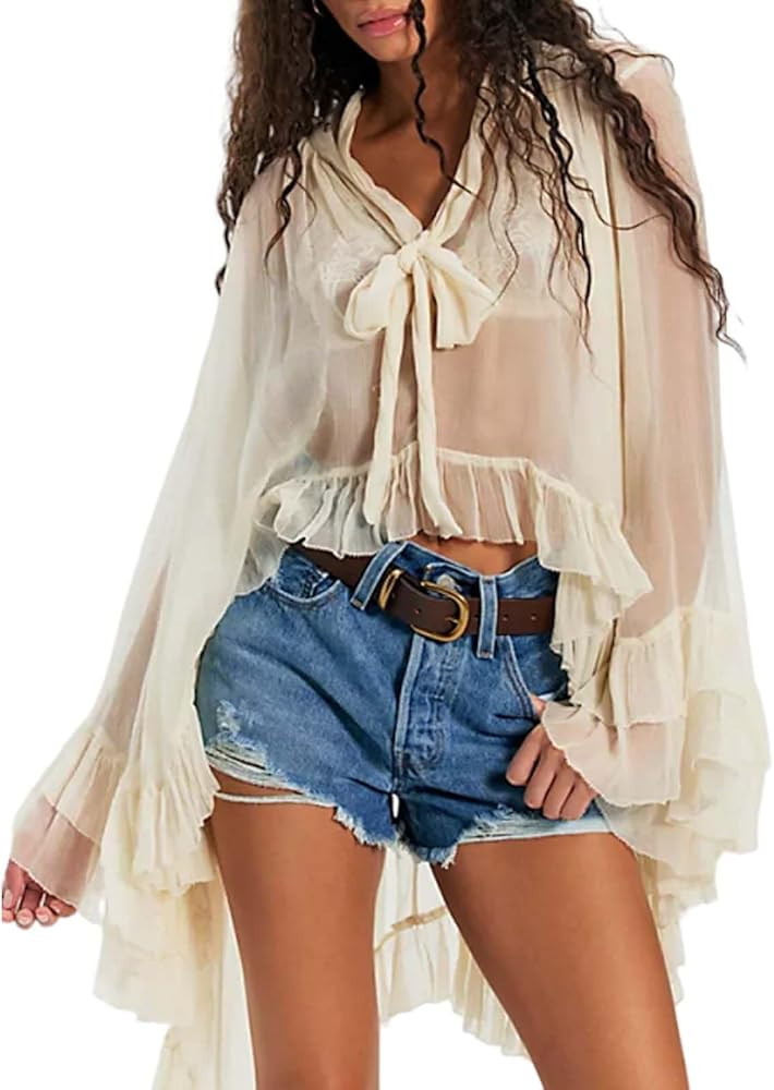 Women's Ruffle Long Sleeve Sheer Blouse See Through Self Tie Neck Chiffon Top Flowy Shirt with Hi... | Amazon (US)