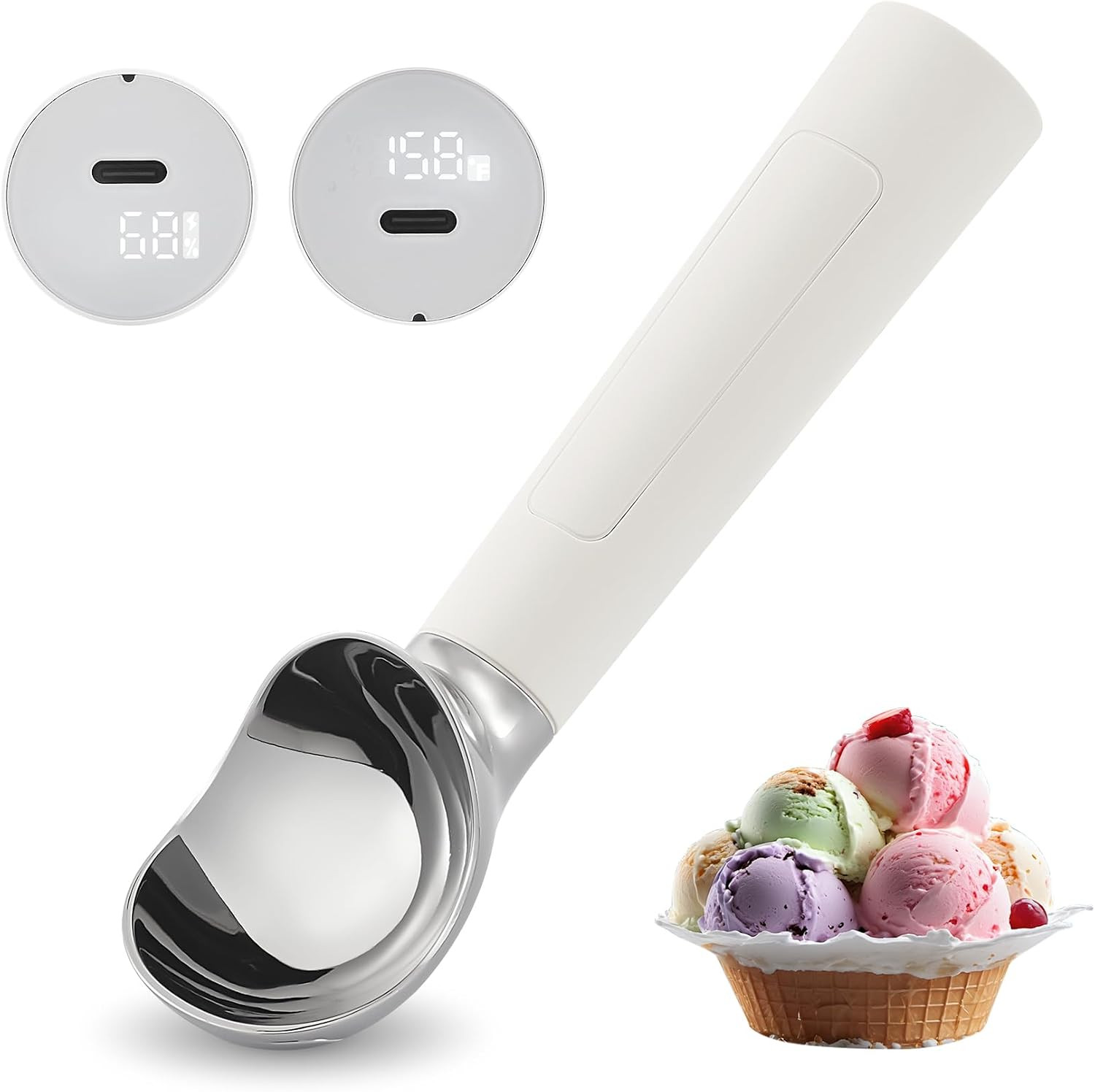 Heated Ice Cream Scoop Rechargeable, Electric Warming Ice Cream Scooper with LED Display, Heats to 158°F for Hard Ice Cream, Easy for Seniors & Kids, IP67 Waterproof (White, 2 oz) | Amazon (US)