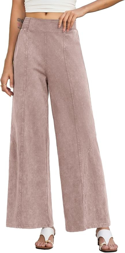 EVALESS Women's Wide Leg Baggy Pants Casual Elastic Waist Acid Wash Cotton Knit Palazzo Pants Boh... | Amazon (US)