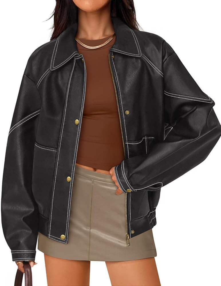 ZESICA Women's Faux Leather Jacket Oversized Zipper Motorcycle Coats 2025 Fall Fashion Trendy Clo... | Amazon (US)