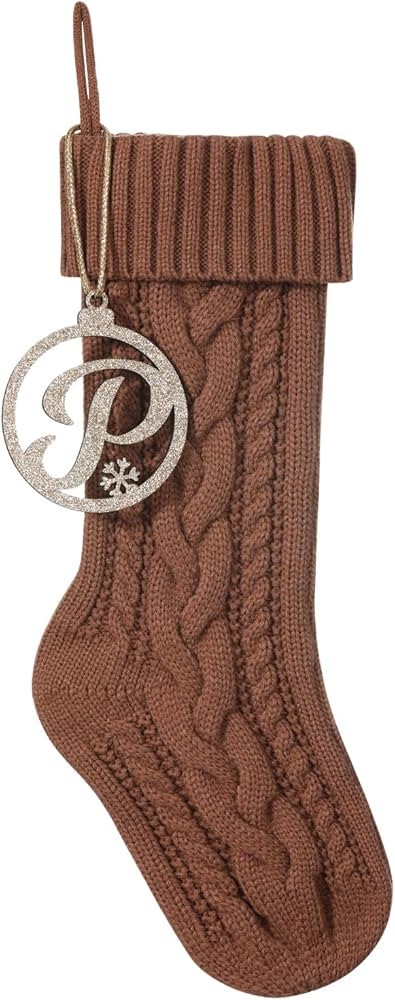 Personalized Brown Knit Christmas Stocking,18" Knitted Xmas Fireplace Hanging Stockings with Gold... | Amazon (US)