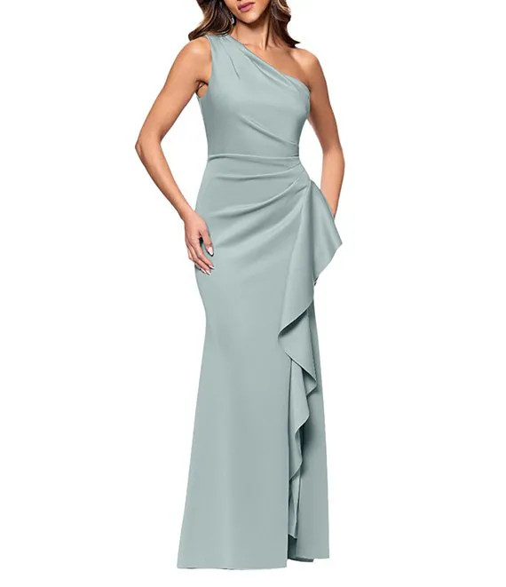 One Shoulder Side Ruffle Scuba Crepe Gown | Dillard's