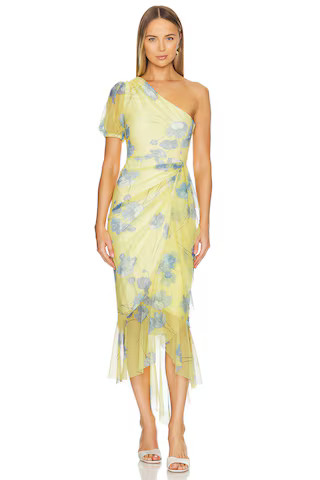 BCBGMAXAZRIA One Shoulder Midi Dress in Yellow Combo from Revolve.com | Revolve Clothing (Global)