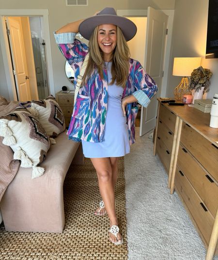 Styling an athleisure dress from Target 💜 I’m wearing a Medium it comes in pink too! 

I paired it with sandals from Tory Burch, a LV bag, belted coat from Marea (linked similar) and a fun hat! 

#LTKtravel #LTKfindsunder50 #LTKstyletip