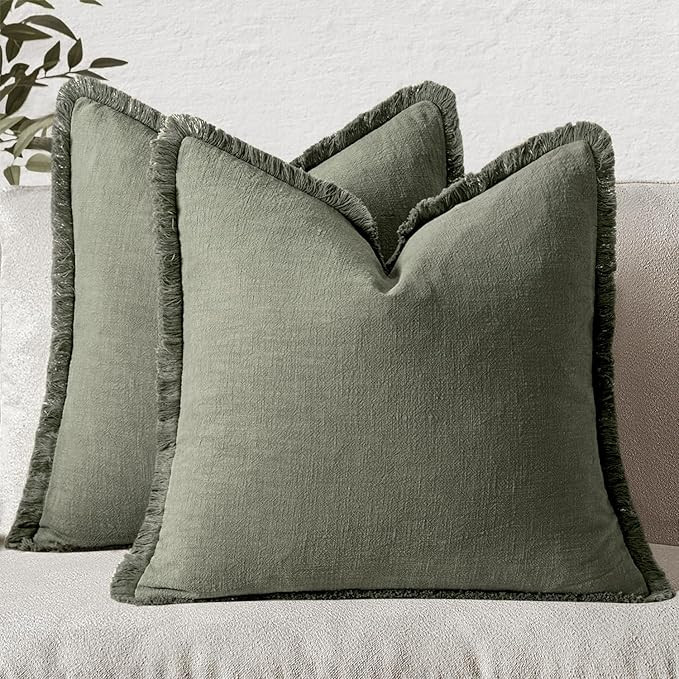 MIULEE Decorative Throw Pillow Covers Neutral Linen Fringe Throw Pillows Set of 2 Light Olive Gre... | Amazon (US)