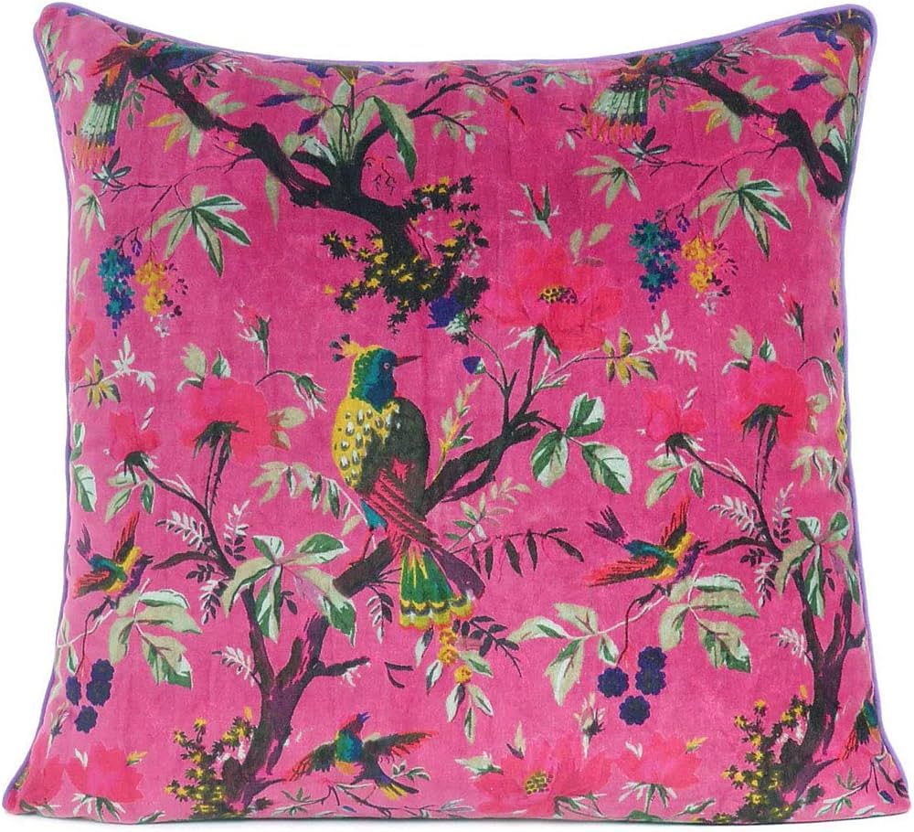 Eyes of India 24x24 inch Burgundy Red Velvet Floral Flower Bird Throw Pillow Sofa Cushion Cover C... | Amazon (US)