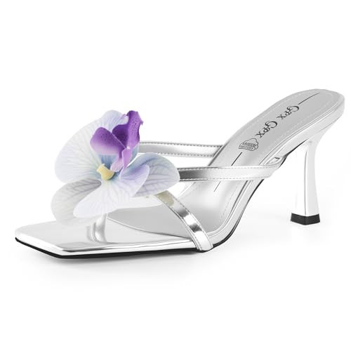 GPXGPX Foral Heels Flower Silver Heels for Women Summer Heeled Sandals Flip Flops Slides for Prom Party Wedding Bridal Vacation Beach Shoes Dressy-Slip on, Open Toe | Amazon (US)