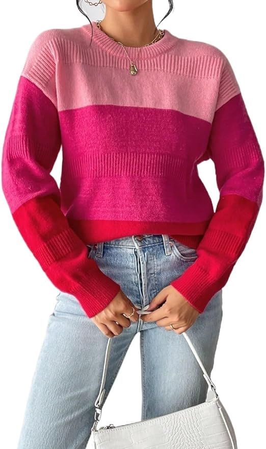 Women's Fashion Long Sleeve Sweater Pullover Round Neck Colorblock Drop Shoulder Sweater | Amazon (US)