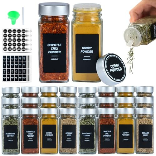 JARXSUN 24 Glass Storage Jars- Spice Jars with Label-4oz Spice Containers with Shaker Lids and Silvery Lids,3 Sets of Spice Labels for Spice Rack | Amazon (US)