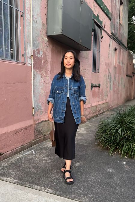 Here’s a date night outfit from a couple of weeks ago. I’m wearing a size XS in the longline denim jacket which is based off the Toteme version (more than 10x the price! But also linked for you), size S in the silk midi skirt, paired with my hiking/walking dad sandals which are spongy and just all round awesome 

#LTKstyletip #LTKSeasonal #LTKshoecrush