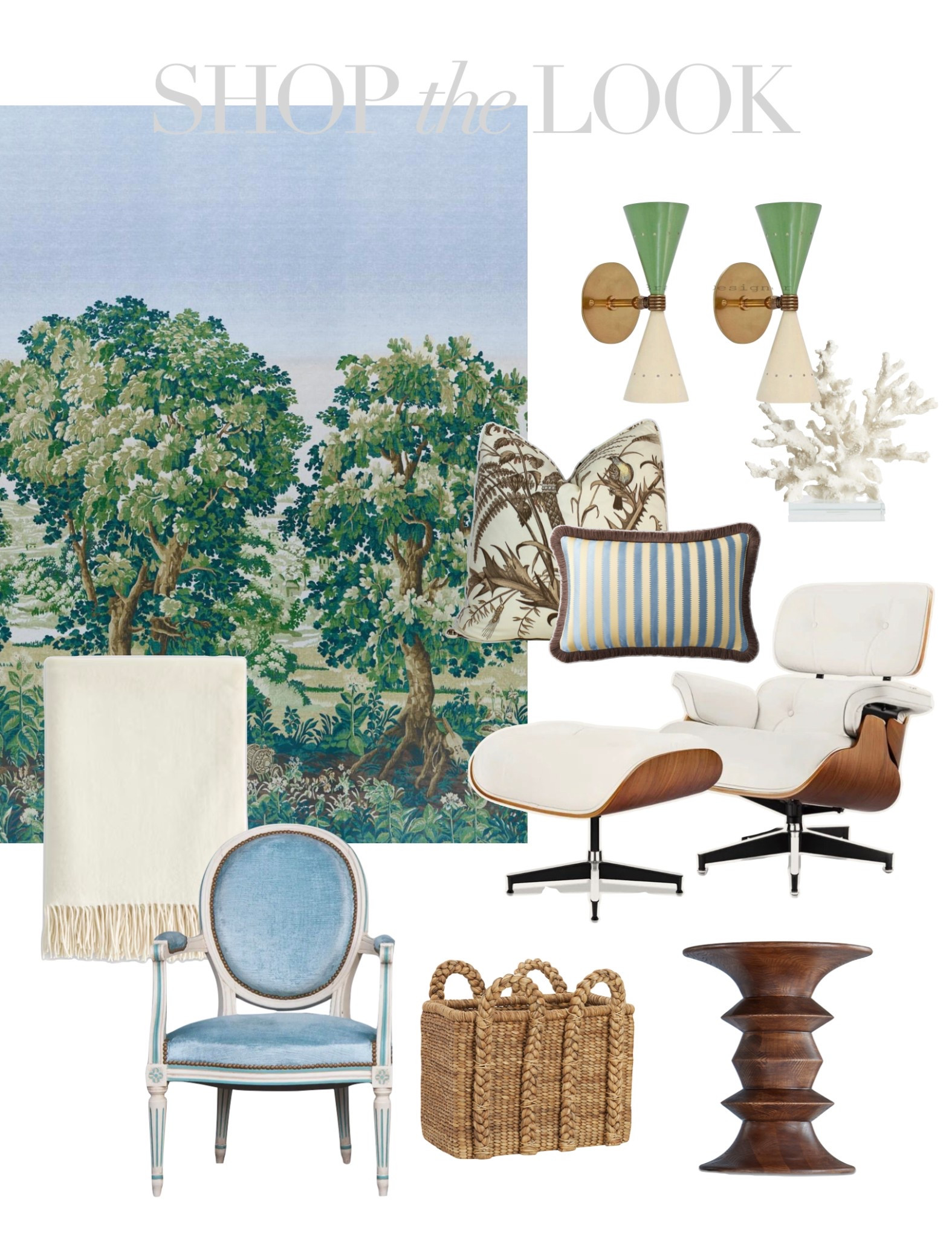 Get the look: a sophisticated home tour by interior designer Isabel Lopez Quesada in Madrid, Spain featuring scenic wallpaper, midcentury cone sconces, white leather eames lounge chair, blue French armchair, wicker basket with handles, and carved wooden side table 

#LTKHome #LTKStyleTip