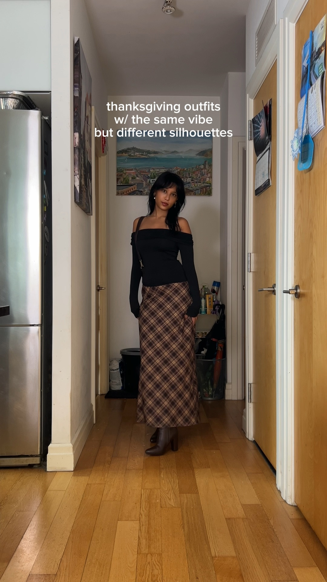 Black sweater: thrifted 
Plaid maxi skirt: Princess Polly 
Black one shoulder top: Tj-Maxx 
Brown pants: thrifted 

#LTKFindsUnder100 #LTKTall #LTKFindsUnder50