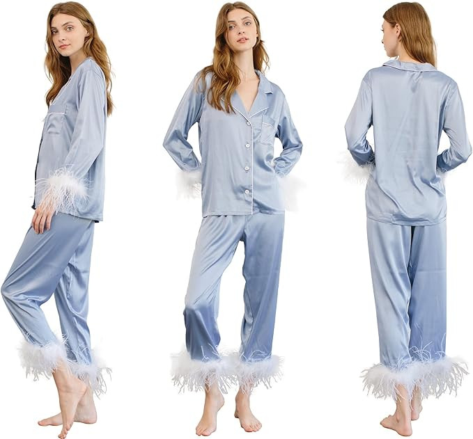 Queens Bridal Feather Trim Pajama Set for Women Satin Silk Long Sleeve Top With Pants Sleepwear B... | Amazon (US)