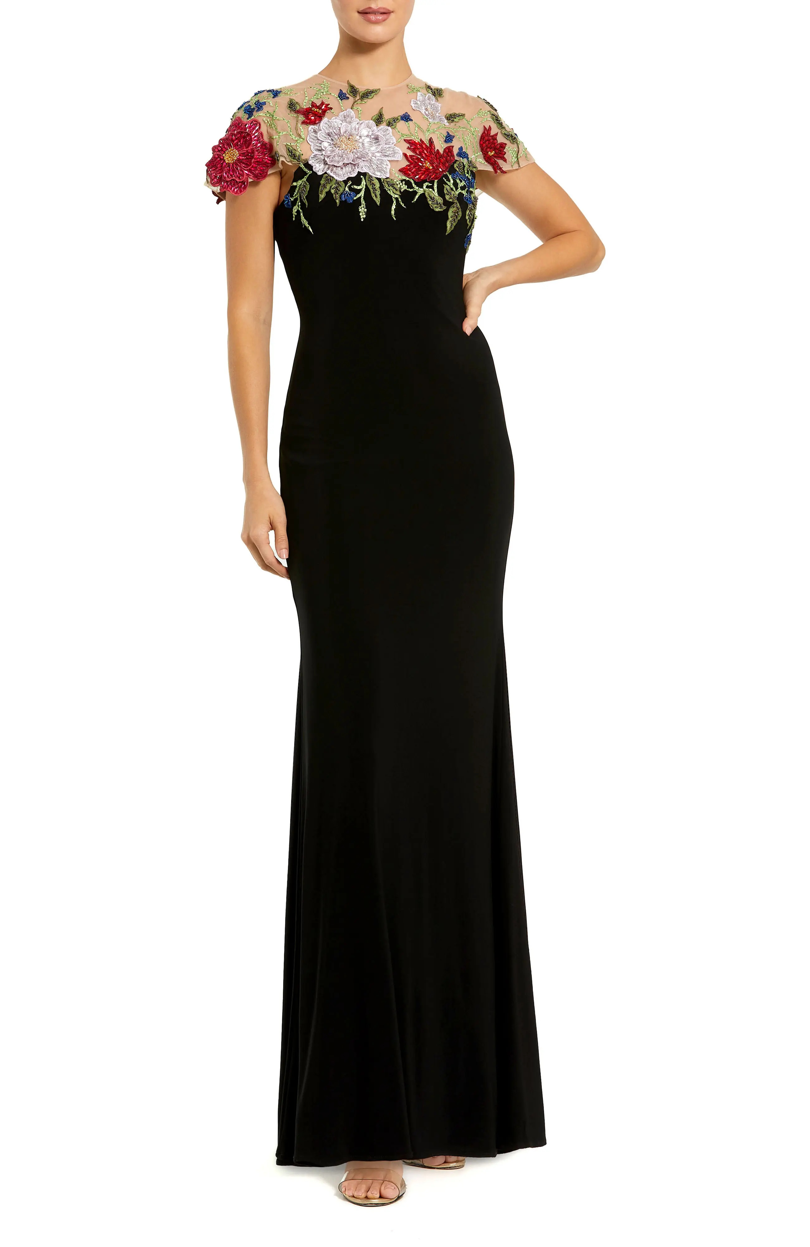 Mac Duggal Floral Embellished Jersey Fitted Gown in Black Multi at Nordstrom, Size 16 | Nordstrom