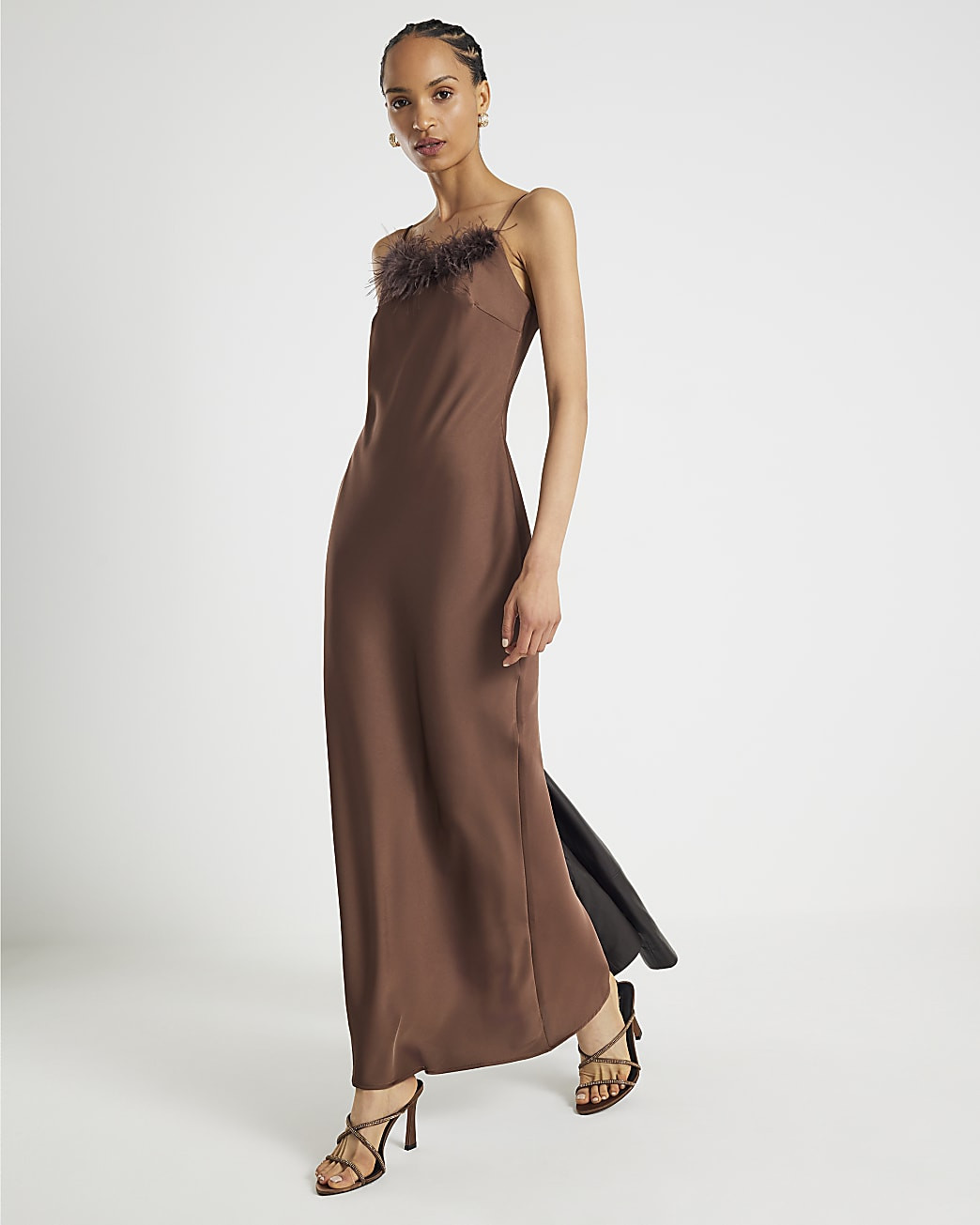 Brown Satin Feather Trim Slip Maxi Dress | River Island UK & IE