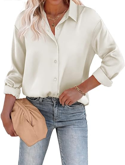 Chigant Women's Blouse Satin Silk Shirts Button Down Shirts Casual Loose Long Sleeve Office Work ... | Amazon (US)