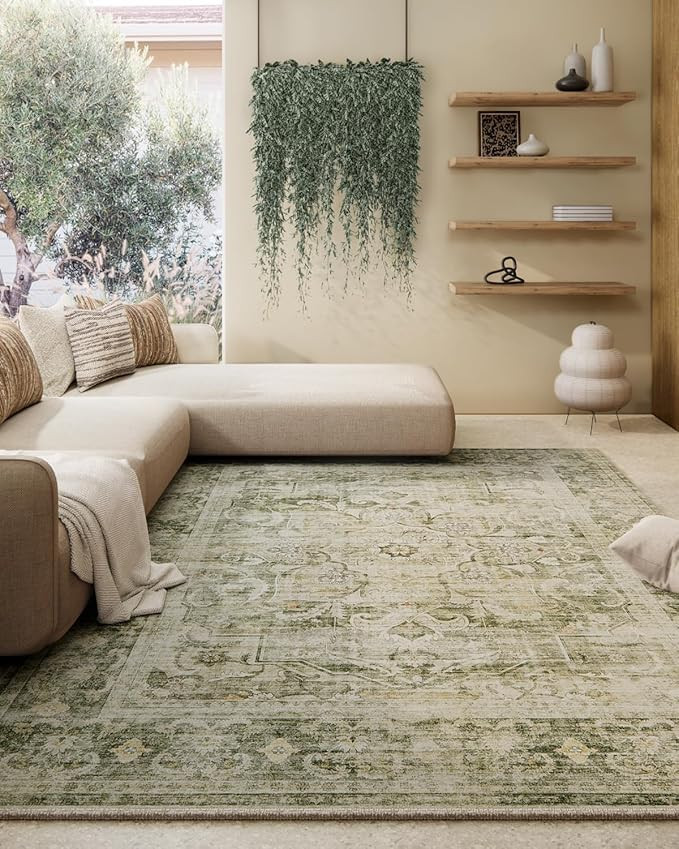 Machine Washable Living Room Rug: 5x7 Area Rugs for Bedroom Non Slip Low Pile Soft Faux Wool Non ... | Amazon (US)