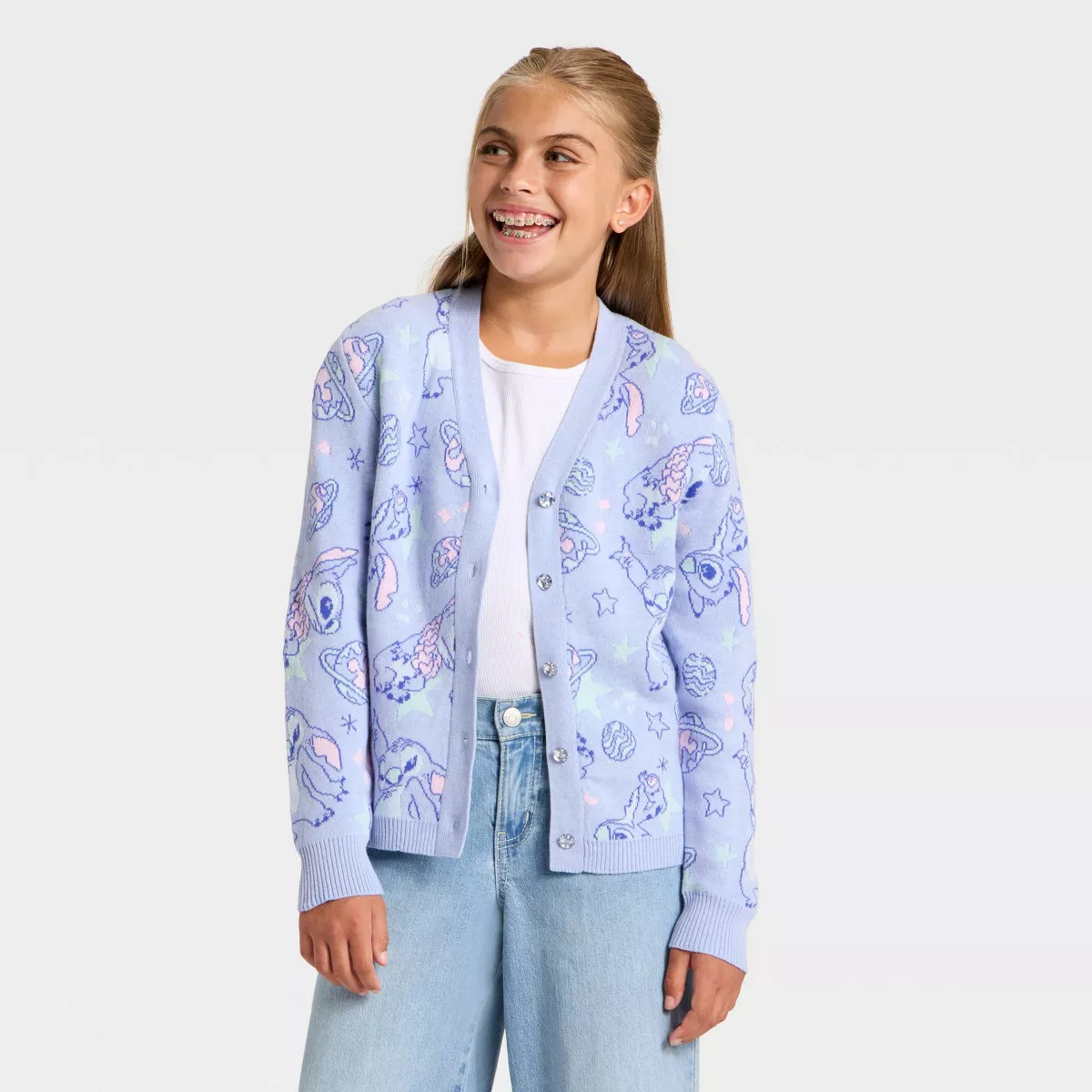 Girls' Disney Stitch Button-Up Cardigan - Blue L | Target