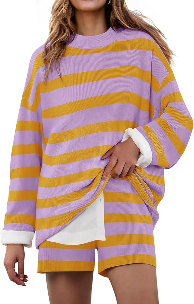 ZESICA Striped Lounge Sets for Women 2 Piece Oversized Outfits Long Sleeve Tops and Shorts Sweate... | Amazon (US)