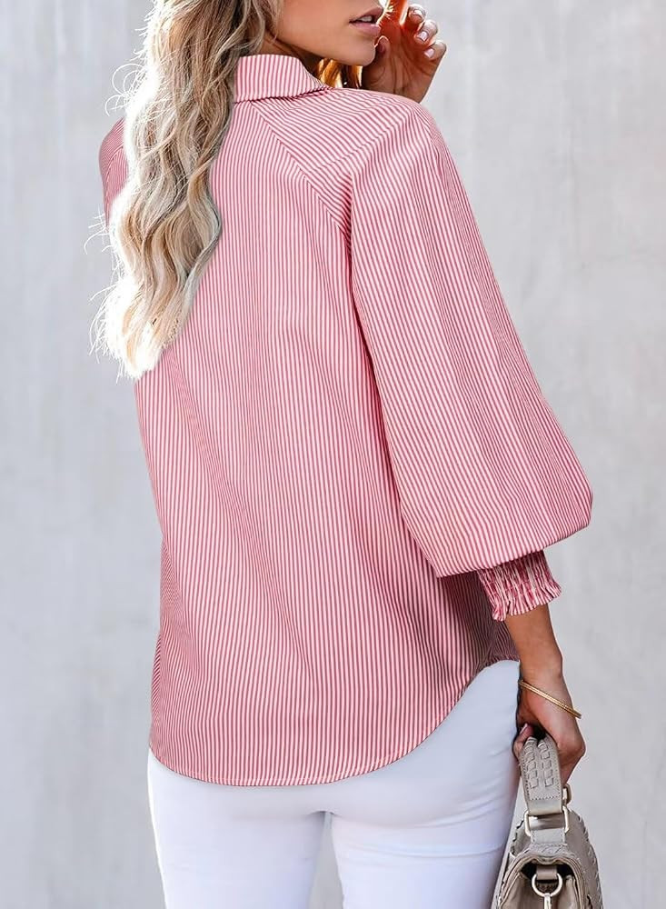 Astylish Women 2026 Fine Striped Smocked Cuffed Henley Shirts Puff Long Sleeve Collared Blouse To... | Amazon (US)