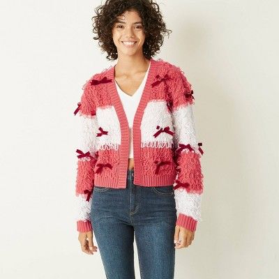Women's Striped Holiday Red & White Bow Cardigan Sweater - Red | Target