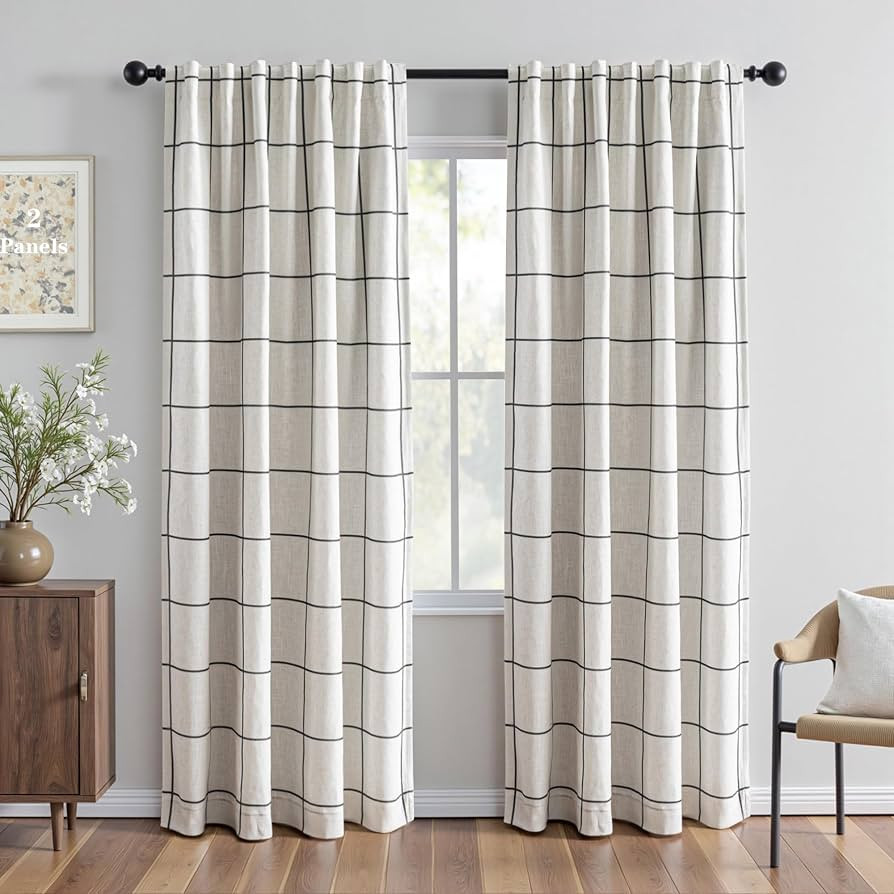 MYSKY HOME 100% Blackout Plaid Farmhouse Linen Curtains 84 Inch Long 2 Panels Set for Living Room... | Amazon (US)