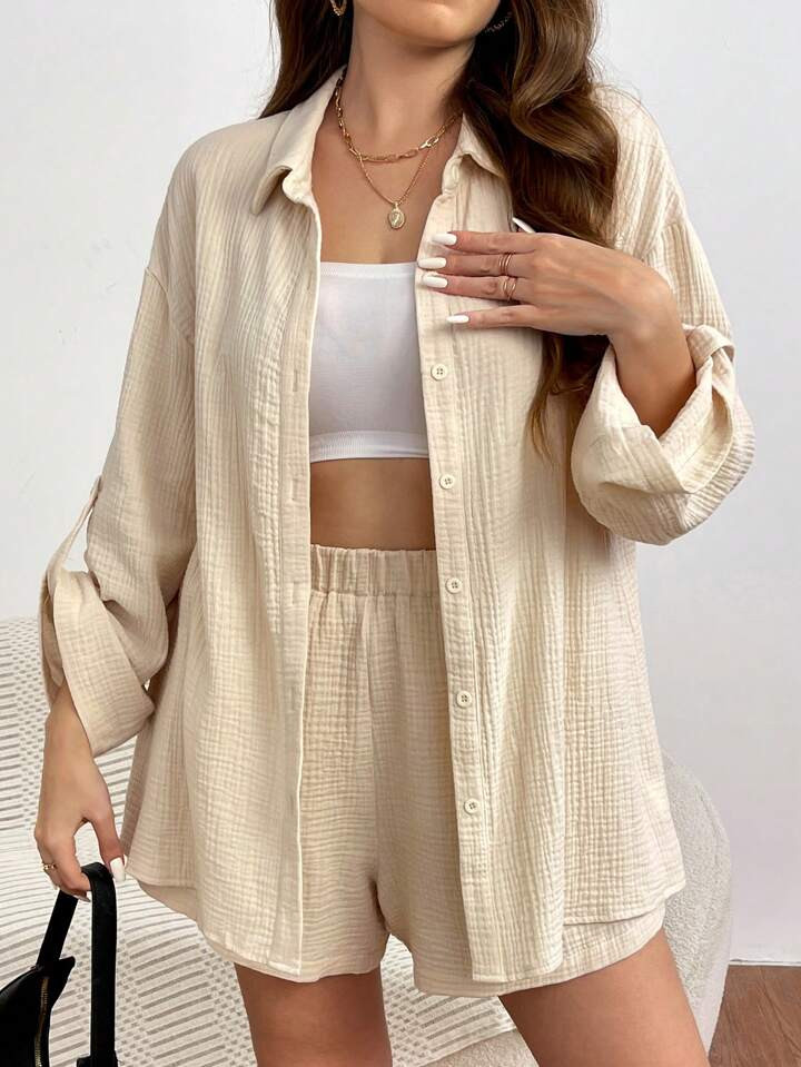 SHEIN Frenchy Plus Size Solid Color Shirt StyleTwo-Piece Rolled Sleeve Shirt And Shorts Set | SHEIN