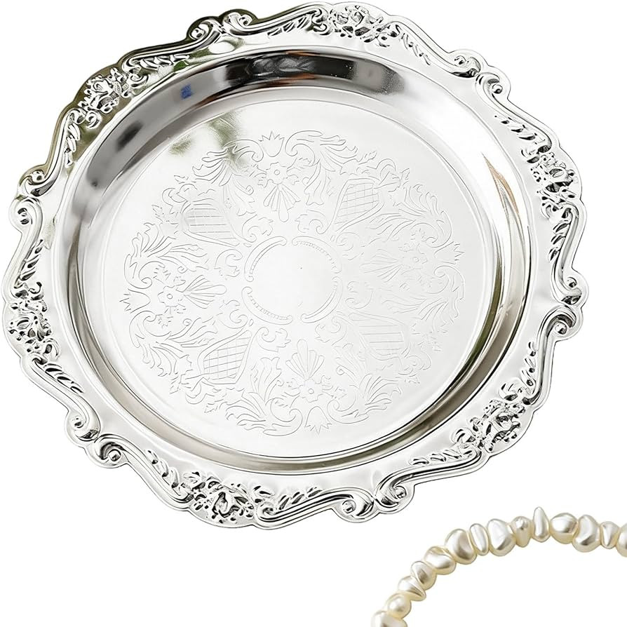 1 Pc Silver Vintage Trinket Dish Tray Holder, Embossed Design, Round Metal Cake Plate Mini Desser... | Amazon (UK)