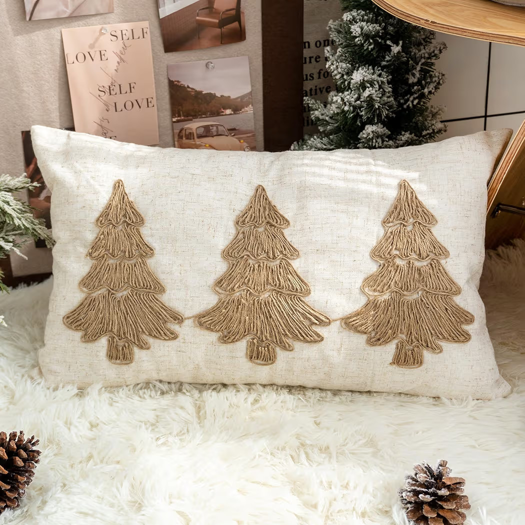 Christmas Tree Lumbar Pillow Cover, Burlap Holiday Farmhouse Decorative Throw Pillow Sham with Brown Rope Embroidery, for Fall Winter Home Decoration, 12x20 inches, 1PCS | Amazon (US)